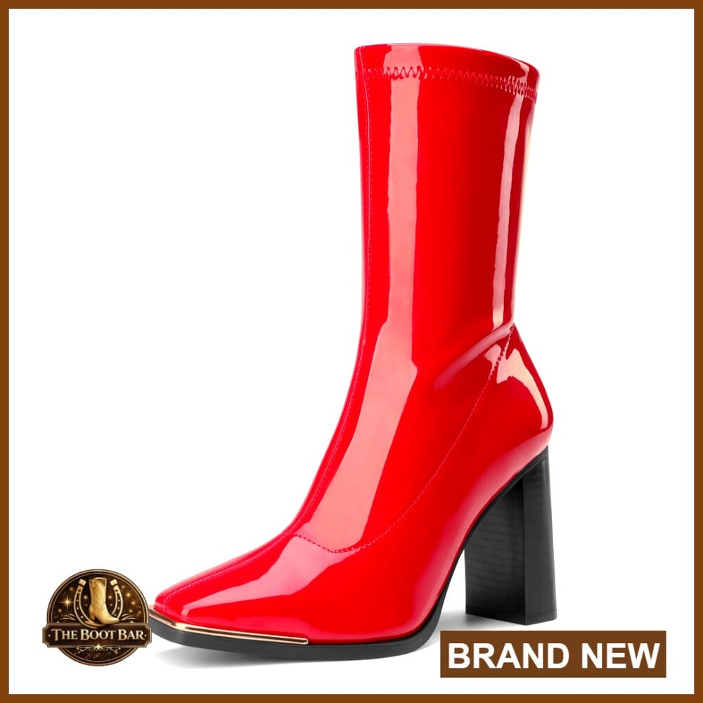 Square Toe Gogo Boots Vegan Leather High Chunky Block Heel Mid Calf
